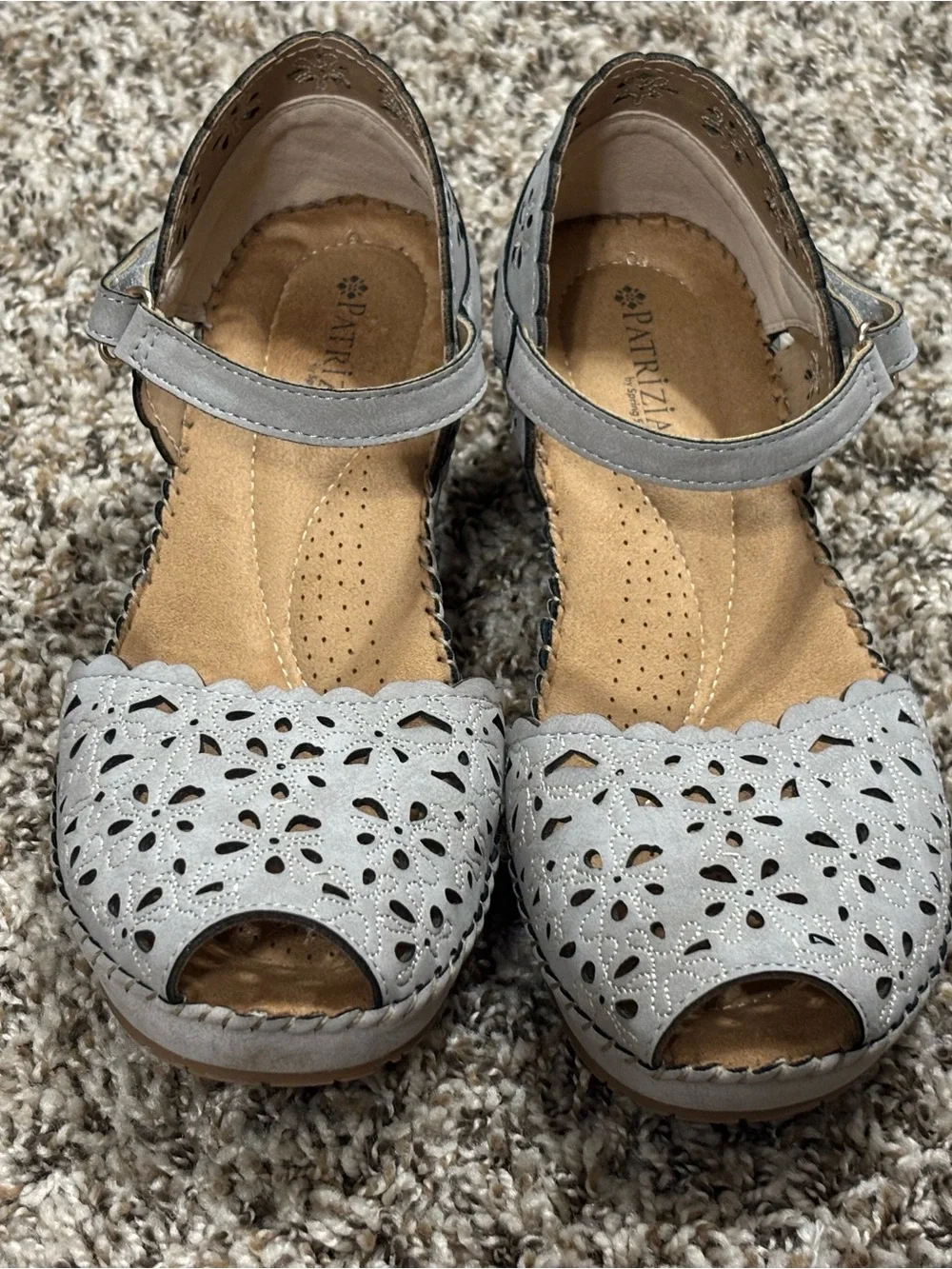 Patrizia Khaki Leather Cut-Out Floral Ankle Strap Buckle Wedge Sandals US 8 NWOT